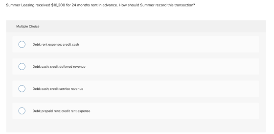 Summer Leasing received $10,200 for 24 months rent in advance. How should Summer record this transaction? Multiple Choice Deb