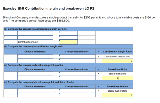 Exercise 18-9 Contribution margin and break-even LO P2 Blanchard Company manufactures a single product that sells for $205 pe