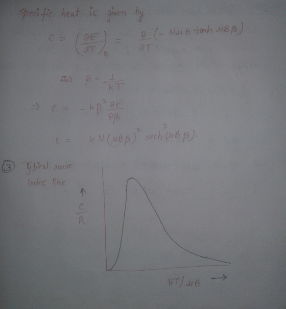 - specific heat is given by = (BE) - 2 (- NuB tanh MBB) ( T aT. as B- 1 KT c = KN (ABB) sech CuB p). Typical curve looks lik