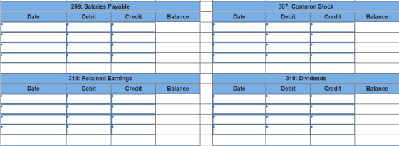 209: Salaries Payable 307: Common Stock Debit Credit Debit Balance Date Balance Date Credit 318: Retained Earnings 319: Divid
