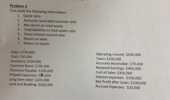Problem 3 Calculate the following information: 1. Quick ratio 2. Accounts receivable turnover ratio 3. Net return on total as