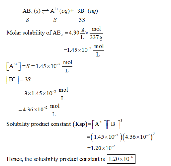 AB3 (s) A3-(aq) + 3B (aq) 3S mol 4.908x - L 337g Molar solubility of AB. mol 1.45x102 mo ГАЗ-1-S 1.45x 10-2 B-3 3x1.45x10 mol