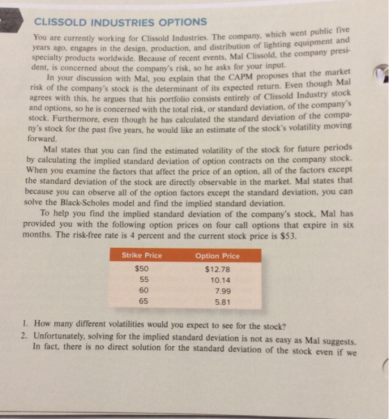 CLISSOLD INDUSTRIES OPTIONS Tou are currently working for Clissold Industries. The company, which went public years ago, enga