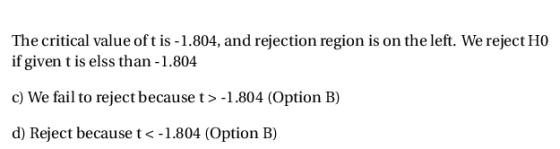 The critical value oft is-1.804, and rejection region is on the left. We reject HO if given t is elss than -1.804 c) We fail
