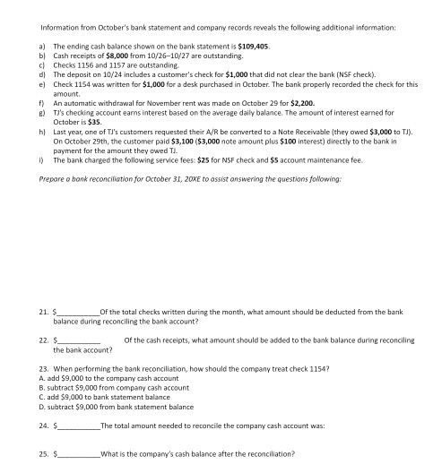 Information from Octobers bank statement and company records reveals the following additional information: a) The ending cas