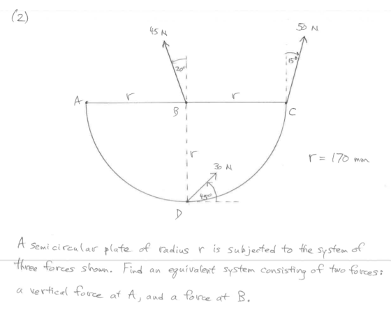 (ts r= 170 mn 3시 Sewi cirenlar plafe of radius r is subjscted to the sysfem a hree forces shoun Find an eguivalent system Consisting of twe foices a vertheal force af A, aud a foirce at B win.