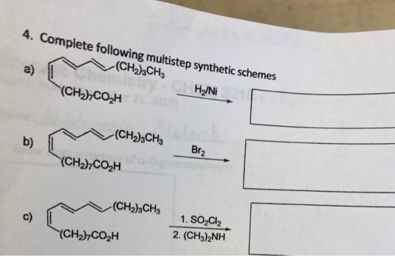 4. Complete following multistep synthetic schemes ACC239 a) M i choan cultisteps (CH2)CO2H 220 H-Ni b) M (CH2)2CHg Br2 (CH2),