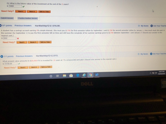 (b) What is the future value of the investment at the end of the 3 years? $ 19450 Need Help? Welch e Tutor Submit Answer Prac