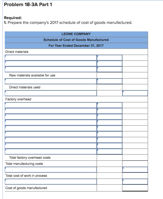 Problem 18-3A Part 1 Required: 1. Prepare the companys 2017 schedule of cost of goods manufactured. LEONE COMPANY Schedule o