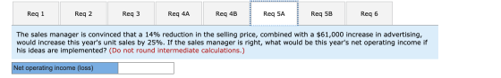 Req 1 Req 2 Req 3 Req 4A Req 4B Req 5A Req 5B Req 6 The sales manager is convinced that a 14% reduction in the selling price,