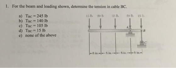 1. For the beam and loading shown, determine the tension in cable BC. a) TBc 245 lb b) TBC= 140 lb c) TBC= 105 lb d) TBC= 15 lb e) none of the above 15 lb 20lb 35 lb 20 lh 15 T