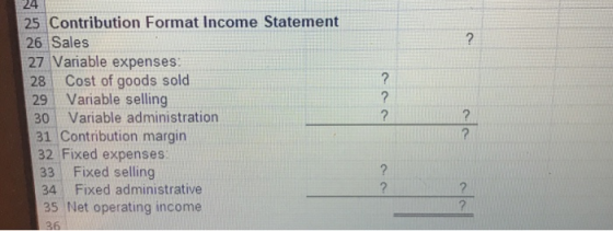 24 25 Contribution Format Income Statement 26 Sales 27 Variable expenses 28 Cost of goods sold 29 Variable selling 30 Variable administration 31 Contribution margin 32 Fixed expenses 33 Fixed selling 34 Fixed administrative 35 Net operating income
