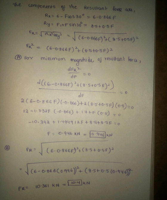 The componants ef the Resuitant fon ara Rx= 6-Fios 300-6-0, 866 F (D forY minimum magnitude 0J Yesultant ora) dF a C6-0.8 6G Fo866)+a(8-st0 SF) (os)-o =」(6-0 866(0946)+ (8-5+0.5 (0,946 サ FRIO:361 KN 110:KN