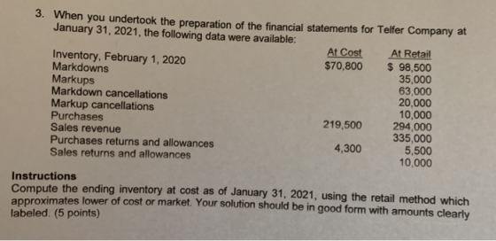3. When you undertook the preparation of the financial statements for Telfer Company at January 31, 2021, the following data