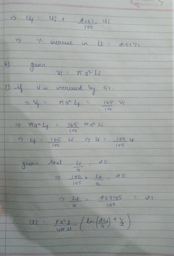 = Us Uit dool ui 160 => 1 increase in U = 2.01% 6 awen given Vi - T a2 Li if is V = increused by St. na? Lq = 105 Vi I 105 10