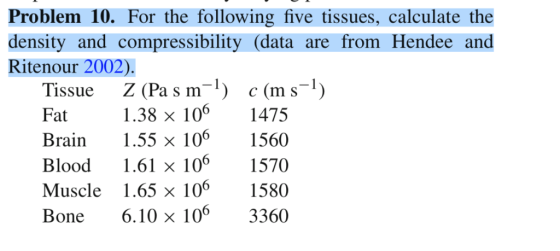 Problem 10. For the following five tissues, calculate the densityand compressibility(data are from Hendee and Ritenour 2002). Tissue Z (Pasm-1) c(ms-1) Fat Brain 1.55 x 106 1560 Blood 1.61 x 106 1570 Muscle 1.65 x 10 Bone 6.10×106 3360 1.38 × 106 1475 6 1580