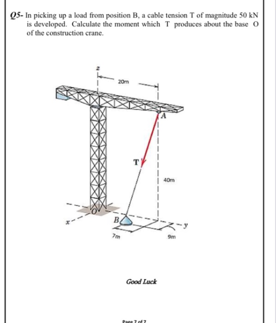 Q5- In picking up a load from position B, a cable tension T of magnitude 50 KN is developed. Calculate the moment which T pro