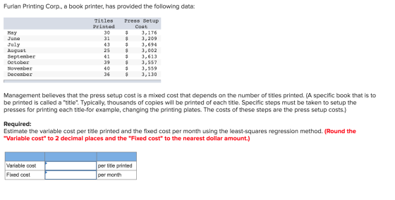 Furlan Printing Corp., a book printer, has provided the following data: Titles Printed 30 31 May June July August September O