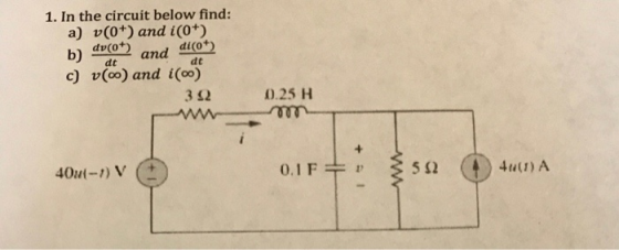 1. In the circuit below find: a) v(0+) and i(0+) b) dv(0*) and di(0) c) v(@) and icon 332 dt 0.25 H 4001 - ) V ( 0.1F 40(1) A