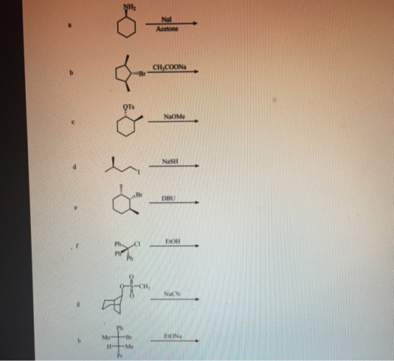 NH Nal Acetone CH-COON Br отк NaOMe NaSH DBU EtOH Ph NaCN EIONa Br Me
