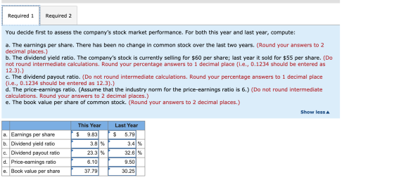 Required 1 Required 2 You decide first to assess the companys stock market performance. For both this year and last year, co