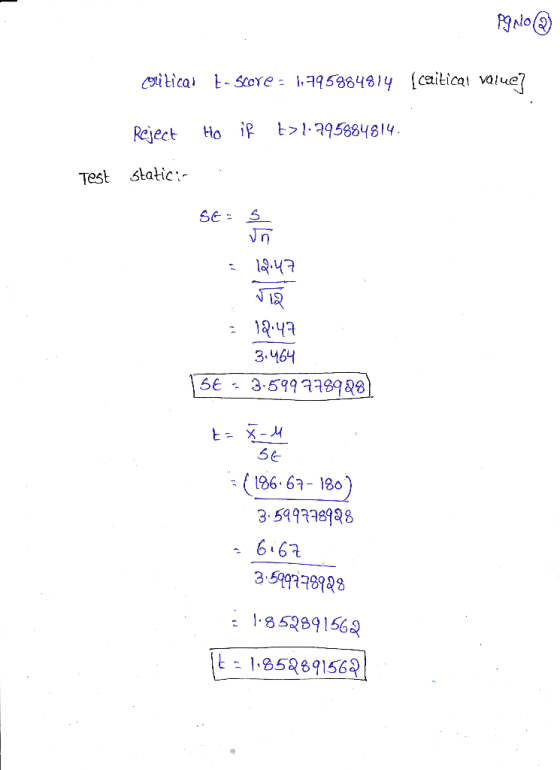 pg plo@ coriticar t-score - 1,795984814 (caitical value] Reject Ho if t>1.795884814 Test statici SC SE I am 5 12:47 sia 12:47