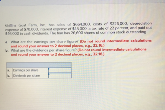 Griffins Goat Farm, Inc., has sales of $664,000, costs of $326,000, depreciation expense of $70,000, interest expense of $45,000, a tax rate of 22 percent, and paid out $46,000 in cash dividends. The firm has 26,600 shares of common stock outstanding. a. What are the earnings per share figure? (Do not round intermediate calculations and round your answer to 2 decimal places, e.g., 32.16.) b. What are the dividends per share figure? (Do not round intermediate calculations and round your answer to 2 decimal places, e.g., 32.16.) a. Earnings per share b. Dividends per share