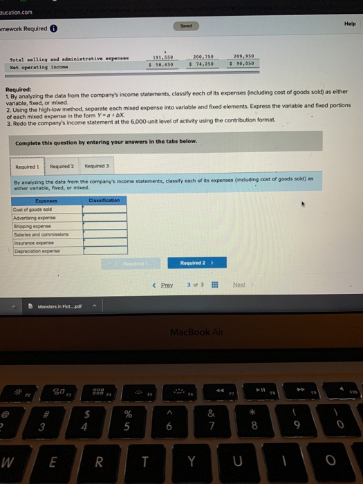 ucation.com Seved Help amework Required Total selling and administrative expenses Net operating income 191,550 $ 58,450 200,