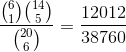 \frac{\binom{6}{1}\binom{14}{5}}{\binom{20}{6}} = \frac{12012}{38760}