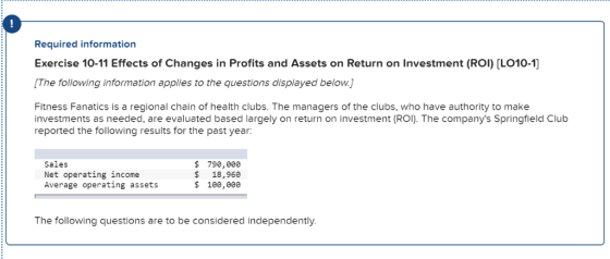 ! Required information Exercise 10-11 Effects of Changes in Profits and Assets on Return on Investment (ROI) [LO10-1] [The fo