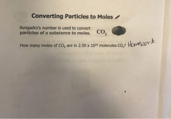 Converting Particles to Moles Avogadros number is used to convert particles of a substance to moles. CO2 How many moles of C
