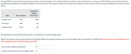 During 2020, Sarasota Furniture Company purchases a carload of wicker chairs. The manufacturer sells the chairs to Sarasota f