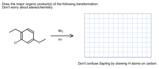 Draw the major organic product(s) of the following transformation. Dont worry about stereochemistry. Br2 hv Dont confuse Sa