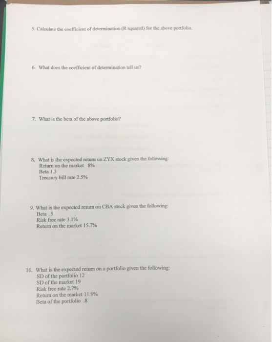 5. Calculate the coefficient of determination (R squared) for the above portfolio 6. What does the coefficient of determinati