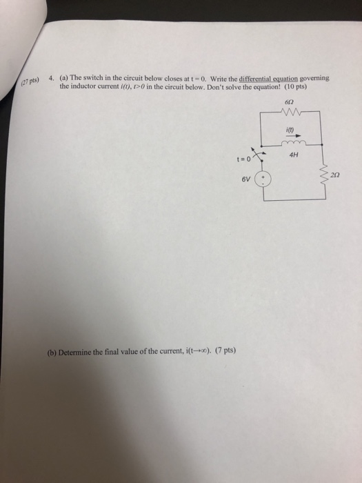 7 ots) 4. (a) The switch in the circuit below closes at t-o. Write the differential equation governing the inductor current i