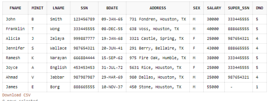 FNAME MINIT LNAME SSN BDATE ADDRESS SEX SALARY SUPER_SSN DNO John Smith 12345678989-JAN-65 731 Fondren, Houston, TXM 30000 33