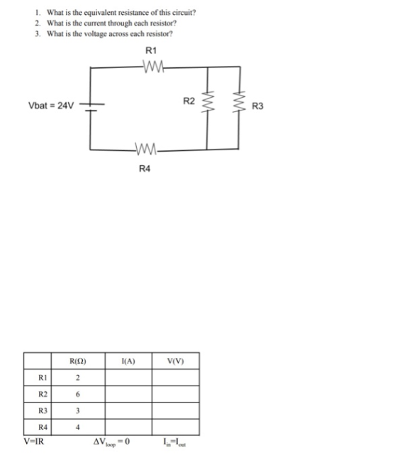 1. What is the equivalent resistance of this circuit? 2. What is the current through each resistor? 3. What is the voltage ac