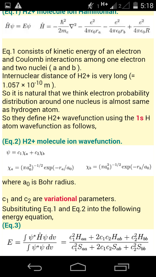 2 e2 2me Eq.1 consists of kinetic energy of an electron and Coulomb interactions among one electron and two nuclei (a and b)