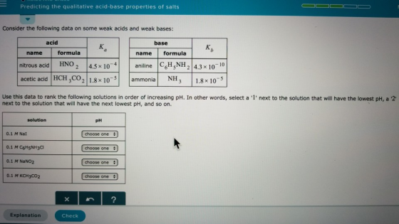 Predicting the qualitative acid-base properties of salts Consider the following data on some weak acids and weak bases: acid