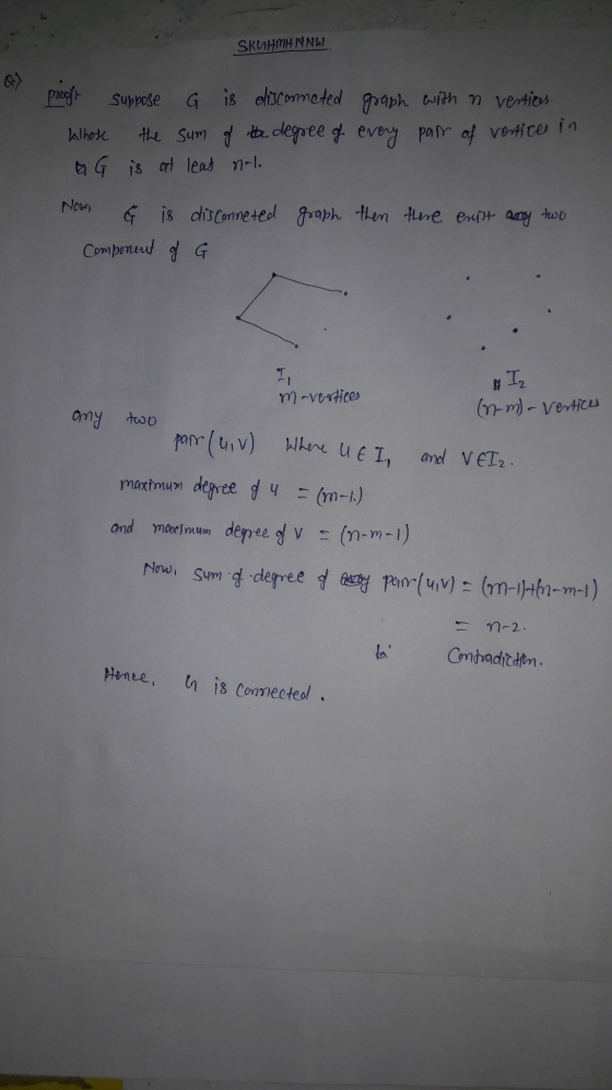 SKUHMHNNLI prooft klhose Suppose G is disconneted graph with a vertices. the sum of the degree of every part of vertices in a