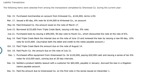 Liability Transactions The following items were selected from among the transactions completed by Sherwood Co. during the cur