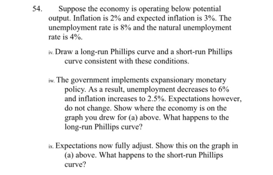 Suppose the economy is operating below potential output. Inflation is 2% and expected inflation is 3%. The unemployment rate is 8% and the natural unemployment rate is 4%. 54. iv. Draw a long-run Phillips curve and a short-run Phillips curve consistent with these conditions w. The government implements expansionary monetary policy. As a result, unemployment decreases to 6% and inflation increases to 2.5%. Expectations however. do not change. Show where the economy is on the graph you drew for (a) above. What happens to the long-run Phillips curve? ix. Expectations now fully adjust. Show this on the graph in (a) above. What happens to the short-run Philips curve?