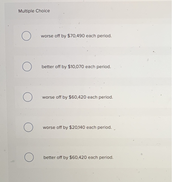 Multiple Choice o worse off by $70,490 each period. o better off by $10,070 each period. : o worse off by $60,420 each period