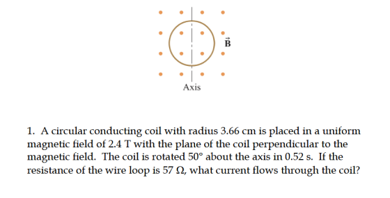 B Axis 1. A circular conducting coil with radius 3.66 cm is placed in a uniform magnetic field of 2.4 T with the plane of the