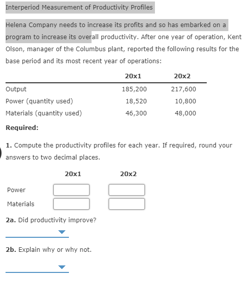 Interperiod Measurement of Productivity Profiles Helena Company needs to increase its profits and so has embarked on a progra