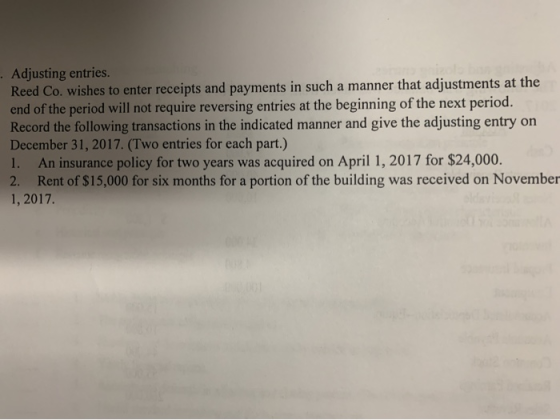 Adjusting entries. Reed Co. wishes to enter receipts and payments in such a manner that adjustments at the end of the period