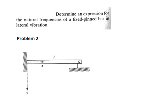 Determine an expression for the natural frequencies of a fixed-pinned bar in lateral vibration. Problem 2