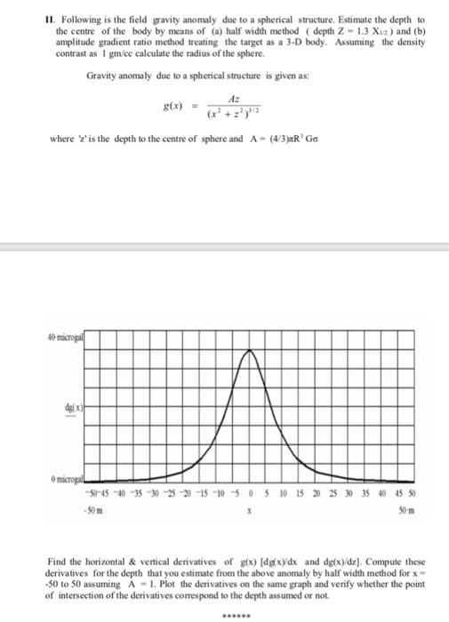IL. Following is the field gravity anomaly due to a spherical structure. Estimate the depth to the centre of the body by means of (a) half width method depth Z -1.3 Xu2) and (b) amplitude gradient ratio method treating the target as a 3-D body. Assuming the density contrast as 1 gm/ee calculate the radius of the sphere. Gravity anomaly due to a spherical structure is given as: Az where z is the depth to the centre of sphere and A-(4/3jtRG? 0 microgal dgfx) -50-45-40-35-30-25 -15-10-5 0 5101520253035404550 50 m 50 m Find the horizontal & vertical derivatives of glx) [dgfx)ydx and dg(x)/dz]. Compute these derivatives for the depth that you estimate from the above anomaly by half width method for x 50 to 50 assuming A-1. Plot the derivatives on the same graph and verify whether the point of intersection of the derivatives correspond to the depth assumed or not.