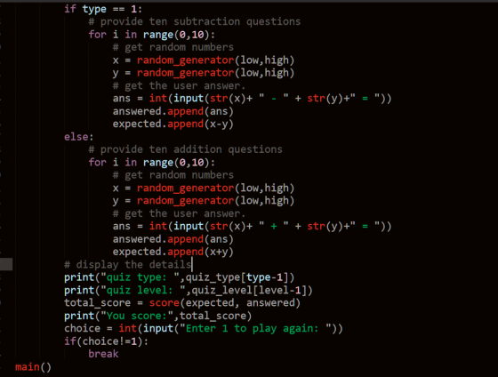 if type == 1: # provide ten subtraction questions for i in range(0,10): # get random numbers x = random_generator (low, high)