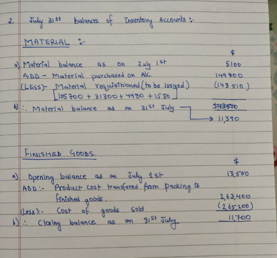 2. July 31st balances of Inventory Accounts: MATERIAL a) Material balance as on July 1st ADD- Material purchased on Alc. (LES